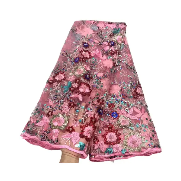 Custom Luxury Heavy Made Embroidery Tulle Beads Lace Mesh Beaded Fabric