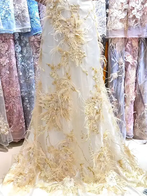 Custom Luxury Heavy Made Embroidery Tulle Beads Lace Mesh Beaded Fabric