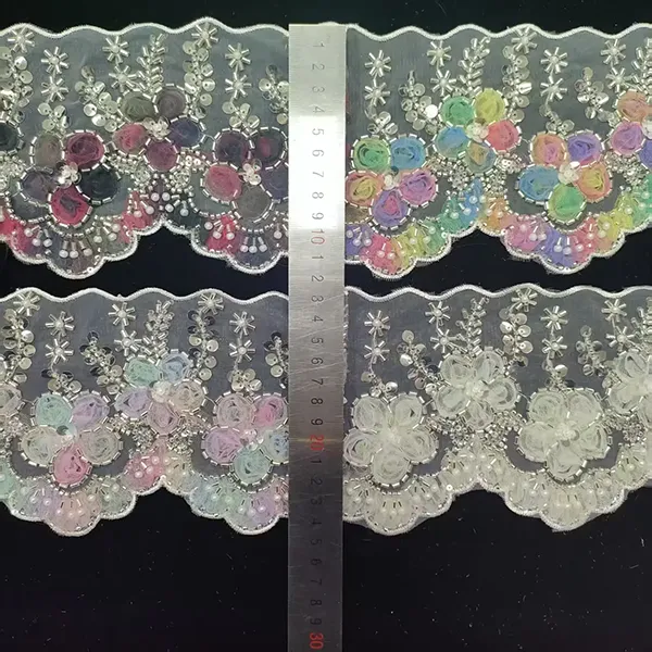 Multicolor Embroidered Lace With 3d Mesh Flowers Ribbon Beaded Tube Barcode Embroidery Lace